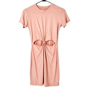 Pink twist front short sleeve tee shirt dress cut out crew neck boush size small